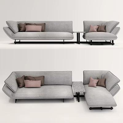 Modern Multi Seater Sofa In Gray Fabric With Pink Brown Cushions And Side Table 3d model