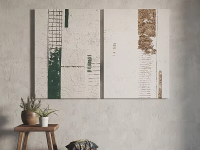 Abstract Textured Canvas Artworks On Neutral Wall With Wooden Stool And Potted Plant 3d model