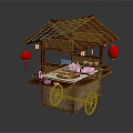 Traditional Chinese Food Cart With Red Lanterns Wooden Structure Tile Roof And Wheels