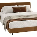 Modern Double Bed With Brown Upholstered Frame White Bedding Striped Throw And Pillows 3d model