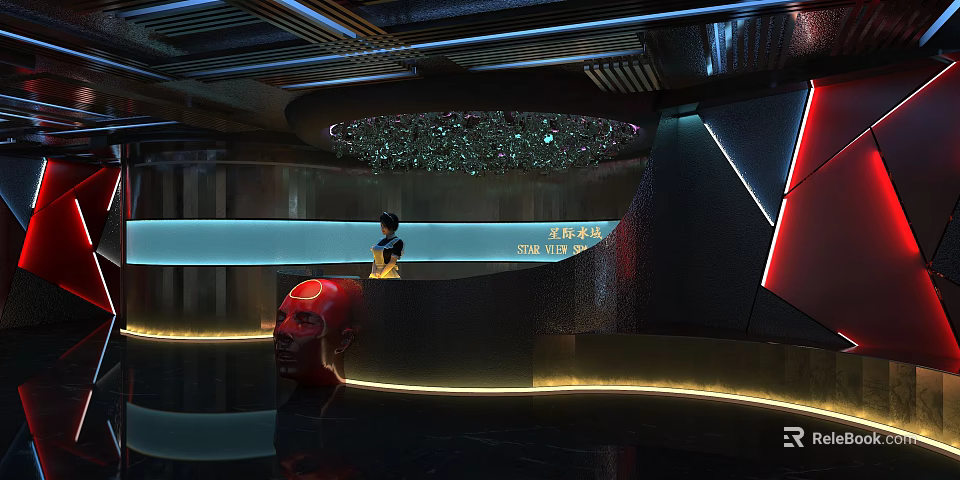 Modern Store Front Desk With Lighting Decoration Receptionist And Red Sculpture 3d model 
