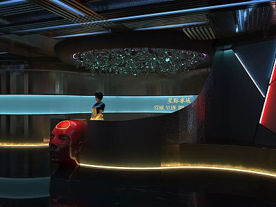 Modern Store Front Desk With Lighting Decoration Receptionist And Red Sculpture 3d model