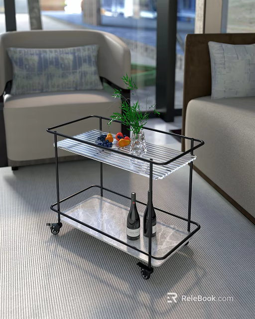 Stylish Two Tier Serving Cart With Wheels Fruits Vase Green Plant And Wine Bottles 3d model 