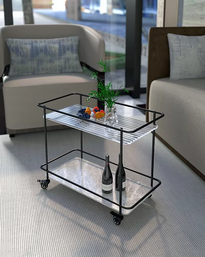 Stylish Two Tier Serving Cart With Wheels Fruits Vase Green Plant And Wine Bottles 3d model