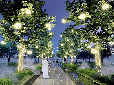 Outdoor Round Globe Lights Hanging On Trees Illuminating Garden Pathway With People Walking At Night 3d model