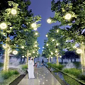 Outdoor Round Globe Lights Hanging On Trees Illuminating Garden Pathway With People Walking At Night