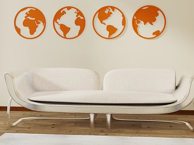 Modern White Multi Seat Sofa With Metal Legs And Four Orange Globe Wall Art Above 3d model