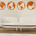 Modern White Multi Seat Sofa With Metal Legs And Four Orange Globe Wall Art Above