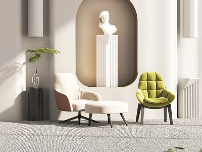 Light Beige And Green Single Sofa Chairs With Footstool Arched Wall Green Plant Decorative Column 3d model