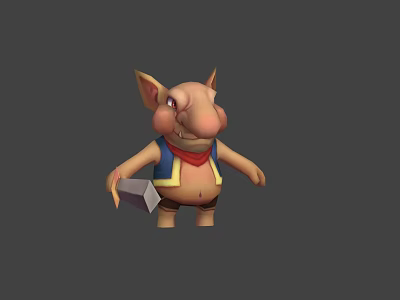 Game Movie 3D Pig Character Wearing Blue Vest Red Scarf Holding Hammer Tool Big Nose 3d model