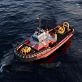 Red Yellow Tugboat Vessel Sailing Through Open Sea Waves