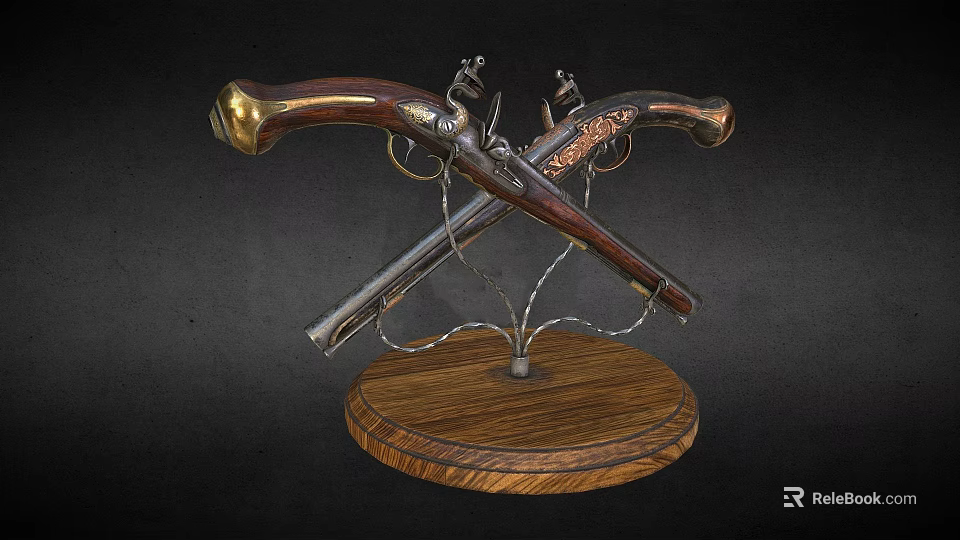 Vintage Crossed Pistols Display On Wooden Base With Metal And Carved Wooden Components 3d model 