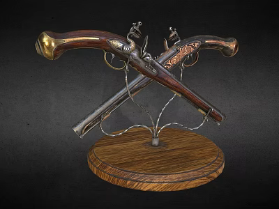 Vintage Crossed Pistols Display On Wooden Base With Metal And Carved Wooden Components 3d model