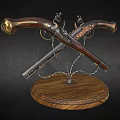 Vintage Crossed Pistols Display On Wooden Base With Metal And Carved Wooden Components