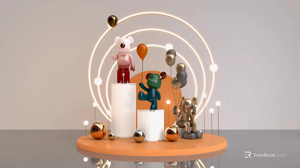 Pink Green Gold Stuffed Figures Display With Balloons Neon Rings Pedestals And Orange Platform 3d model 