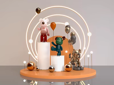 Pink Green Gold Stuffed Figures Display With Balloons Neon Rings Pedestals And Orange Platform 3d model