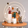 Pink Green Gold Stuffed Figures Display With Balloons Neon Rings Pedestals And Orange Platform