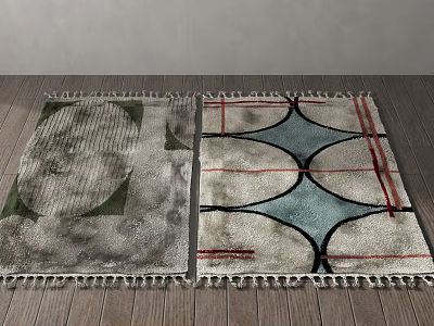 Square Rugs With Geometric Patterns Green Blue Red Gray Fringed Edges On Wooden Floor 3d model
