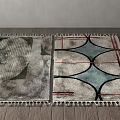 Square Rugs With Geometric Patterns Green Blue Red Gray Fringed Edges On Wooden Floor