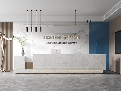 Modern Office Reception Area With Marble Desk Company Logo Hanging Lights And Potted Plant 3d model