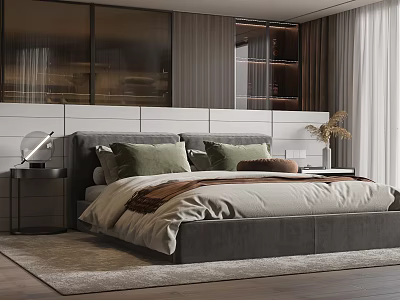 Modern Double Bed With Gray Headboard Green Pillows Beige Blanket And Nightstand 3d model