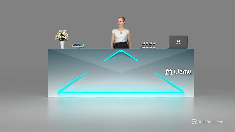 Modern Reception Desk With Blue Lighting Logo Receptionist Laptop And Flower Arrangement 3d model 