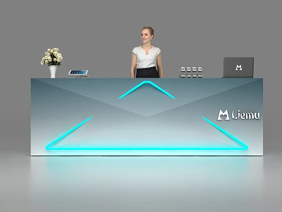 Modern Reception Desk With Blue Lighting Logo Receptionist Laptop And Flower Arrangement 3d model