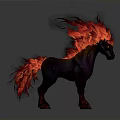 Mythical Black Horse with Fiery Red Mane Tail and Feather Like Details in Fantasy Design
