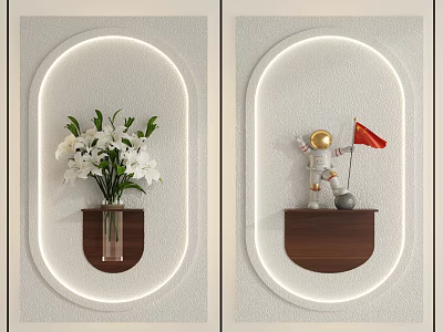 Circular Wall Decor with Built in Lights Wooden Shelf Astronaut Figure and White Flower Vase 3d model