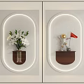 Circular Wall Decor with Built in Lights Wooden Shelf Astronaut Figure and White Flower Vase