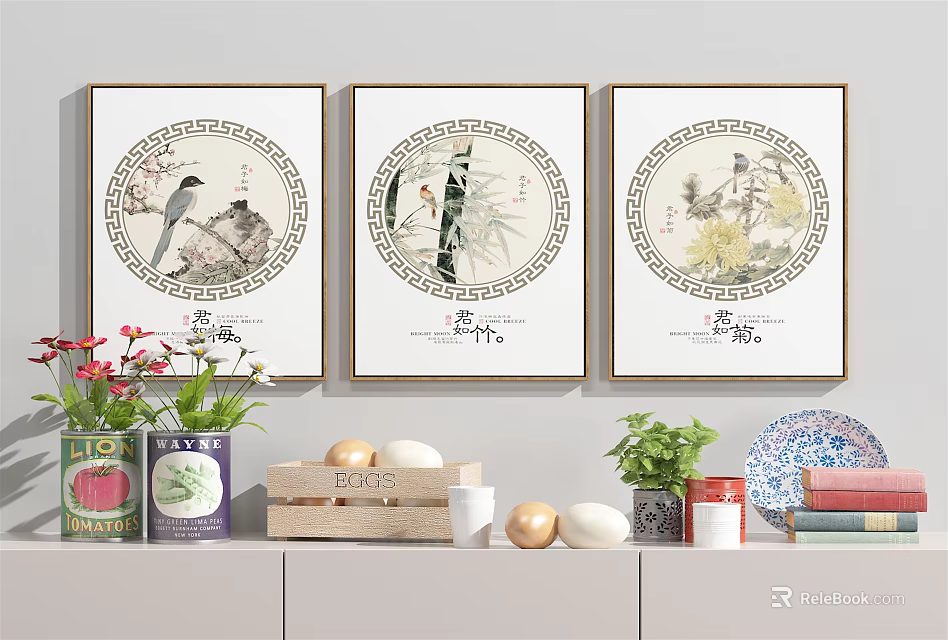Circular Botanical Paintings with Floral Bird Bamboo Designs as Wall Decor with Plants and Books 3d model 