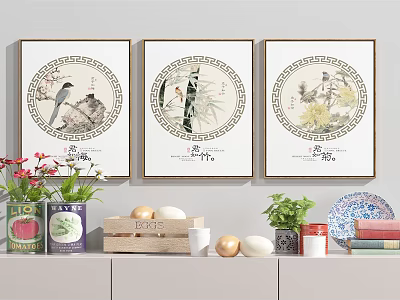 Circular Botanical Paintings with Floral Bird Bamboo Designs as Wall Decor with Plants and Books 3d model