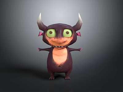 Cute Purple Monster Character With Horns Green Eyes And Open Arms 3d model