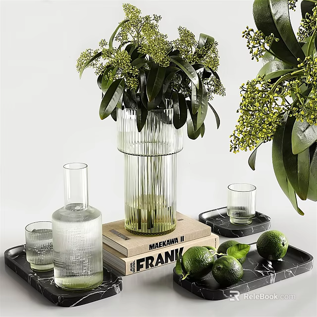 Elegant Decorative Ornament Set With Glass Vase Green Foliage Stacked Books Glass Cups And Limes 3d model 