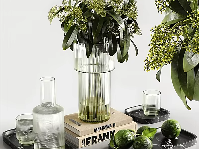 Elegant Decorative Ornament Set With Glass Vase Green Foliage Stacked Books Glass Cups And Limes 3d model