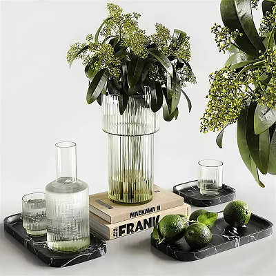 Elegant Decorative Ornament Set With Glass Vase Green Foliage Stacked Books Glass Cups And Limes 3d model