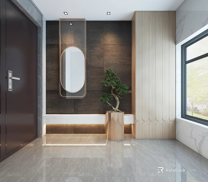 Modern Entryway Hallway Interior Design With Oval Mirror Green Plant And Wooden Wall 3d model 