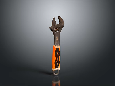 Adjustable Wrench With Brown Head And Orange Handle On Gradient Background With Reflection 3d model