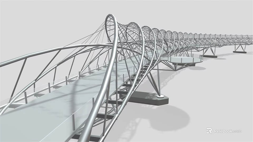 Modern Bridge Structure Design With Curved Metallic Framework And Support Structures 3d model