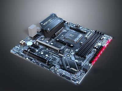 Modern Gaming Motherboard Featuring Black PCB Red LED Lighting Heat Sinks And CPU Socket 3d model