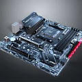 Modern Gaming Motherboard Featuring Black PCB Red LED Lighting Heat Sinks And CPU Socket