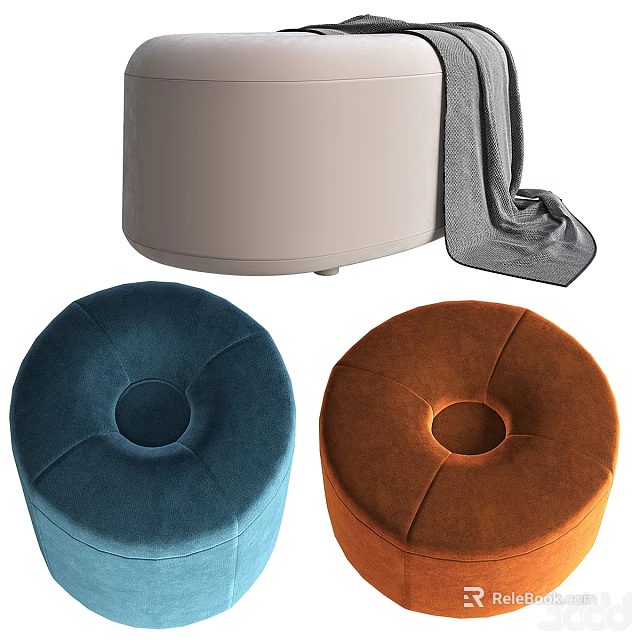 Blue And Orange Velvet Round Cushions With Beige Cylindrical Ottoman And Gray Blanket 3d model 