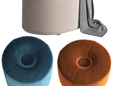 Blue And Orange Velvet Round Cushions With Beige Cylindrical Ottoman And Gray Blanket 3d model
