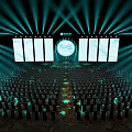 Modern Tech Stage With Circular Screen Green Lighting Effects Stepped Platform And Person Standing Center