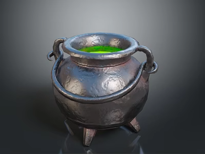Metal Cauldron With Green Liquid Inside Two Handles And Three Legs 3d model