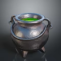 Metal Cauldron With Green Liquid Inside Two Handles And Three Legs