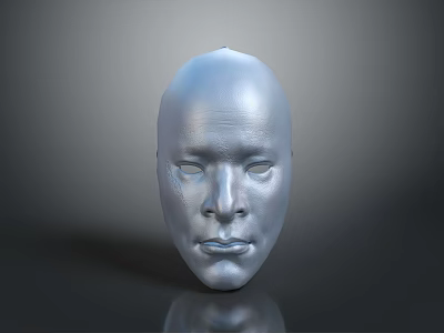 Rendered Male Head 3D Model With Silver Metallic Surface Against Gray Background And Reflective Base 3d model