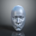 Rendered Male Head 3D Model With Silver Metallic Surface Against Gray Background And Reflective Base