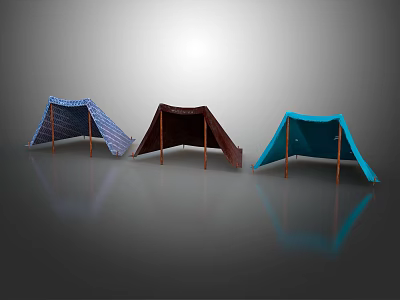 Three Different Colored Tents with Supports on Smooth Surface with Reflections 3d model