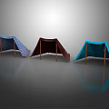 Three Different Colored Tents with Supports on Smooth Surface with Reflections